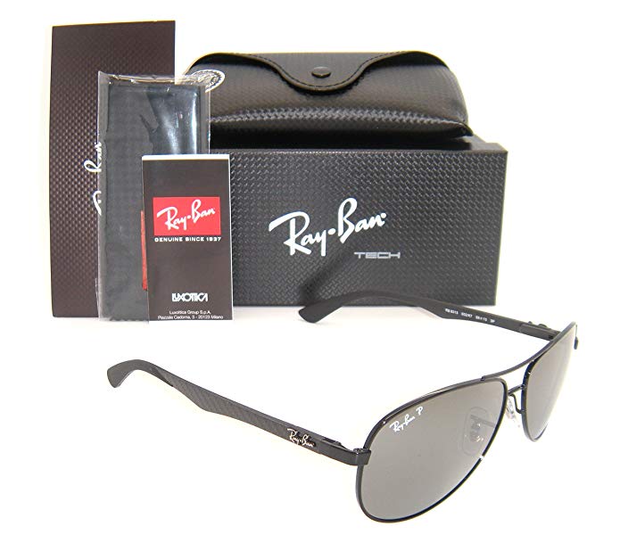 New Ray Ban Carbon Fibre RB8313 002/K7 Shiny Black / Grey Mirror Black Polar 58mm Sunglasses